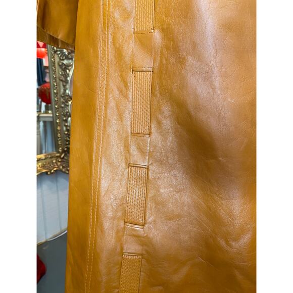 vintage 1970s leather trench coat 70s tie waist mod basketweave butterfly collar - Picture 4 of 12